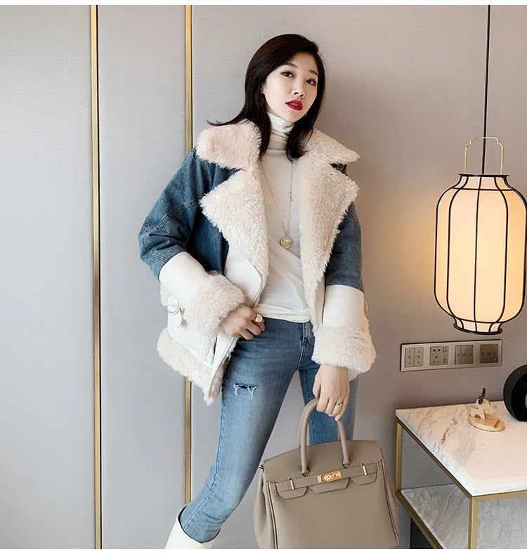 FZ Women's Faux Lamb Wool Denim Loose Plus Velvet Thick Cotton Jacket - FZwear