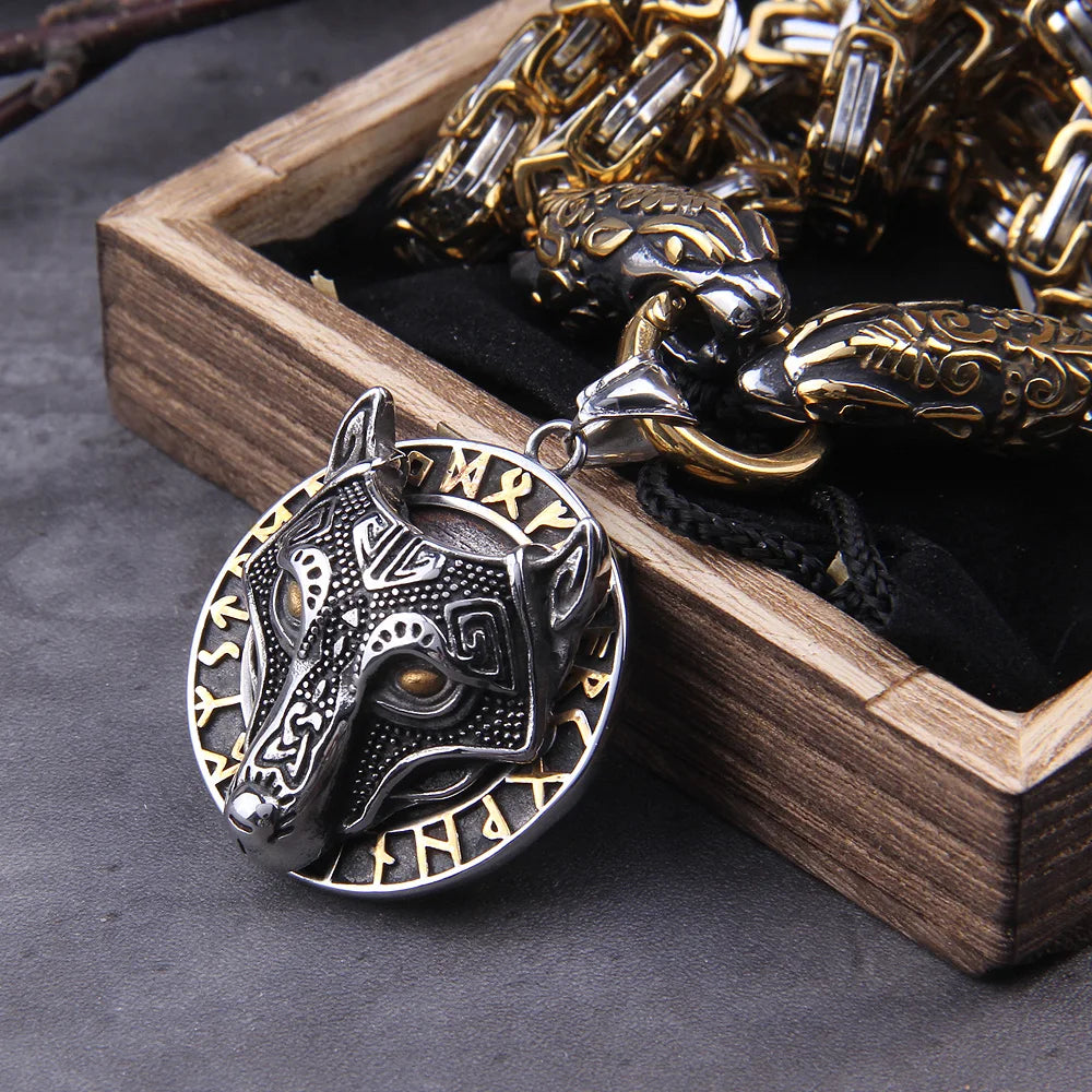 Never Fade Men stainless steel Wolf head norse viking amulet thor hammer pendant necklace viking king chain FZwear