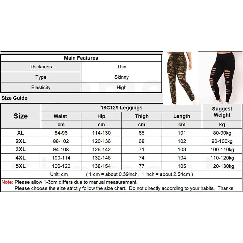 Plus Size Ripped Hole Camouflage Printing Elasticity Leggings 4Xl 5Xl High Waist Slimming Fitness Legging Pants For Women FZwear