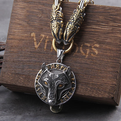 Never Fade Men stainless steel Wolf head norse viking amulet thor hammer pendant necklace viking king chain FZwear