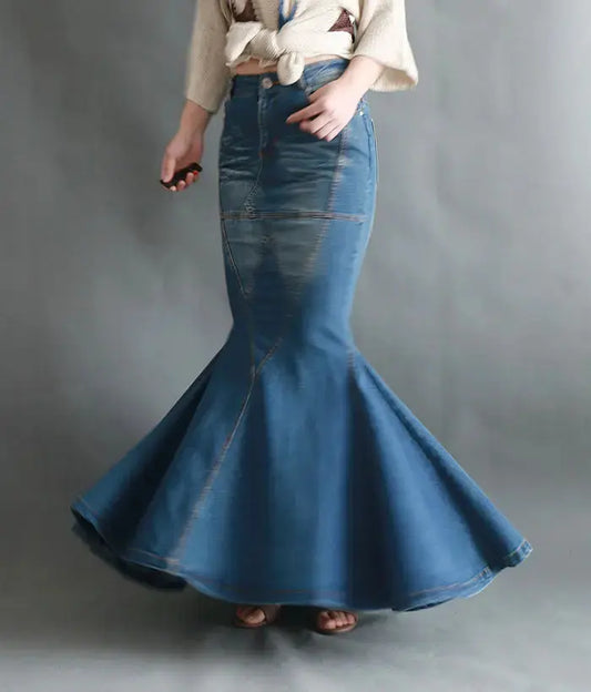 Heavy Industry Curved Beautiful Stitching Fishtail Large Swing Mop Denim Fishtail Skirt Women Slim-Fit Sheath Denim Long Skirts FZwear