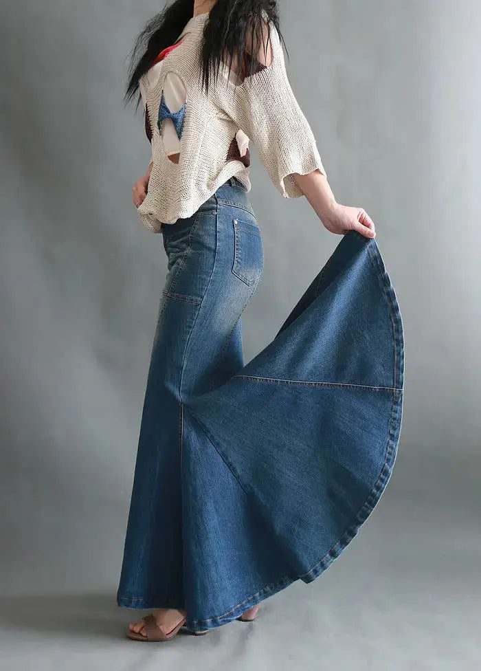 Heavy Industry Curved Beautiful Stitching Fishtail Large Swing Mop Denim Fishtail Skirt Women Slim-Fit Sheath Denim Long Skirts FZwear