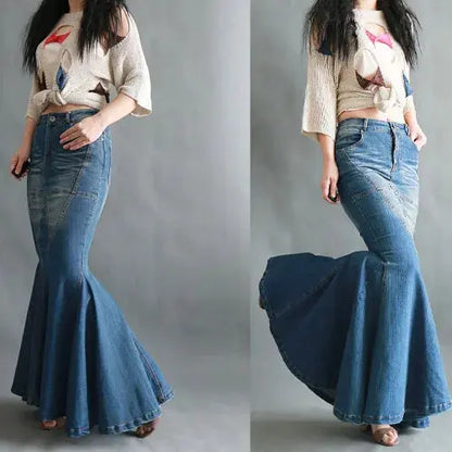 Heavy Industry Curved Beautiful Stitching Fishtail Large Swing Mop Denim Fishtail Skirt Women Slim-Fit Sheath Denim Long Skirts FZwear