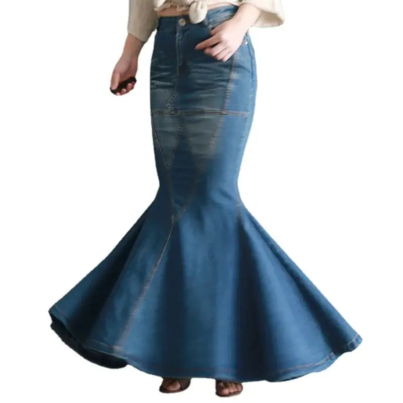 Heavy Industry Curved Beautiful Stitching Fishtail Large Swing Mop Denim Fishtail Skirt Women Slim-Fit Sheath Denim Long Skirts FZwear