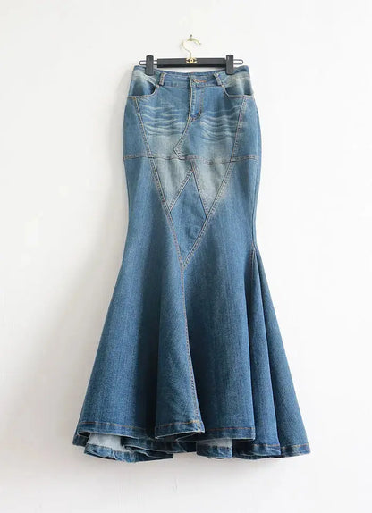 Heavy Industry Curved Beautiful Stitching Fishtail Large Swing Mop Denim Fishtail Skirt Women Slim-Fit Sheath Denim Long Skirts FZwear