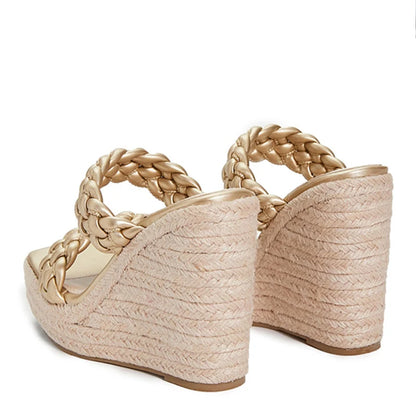 2024 New Wedges Shoes For Women Slippers Fashion Handmade Straw Rope Weave Thick Bottom Platform High Heels Sexy Golden Sandals FZwear