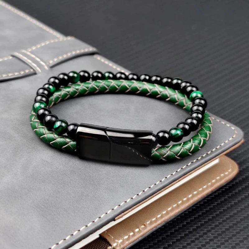 FZ Green Stone Beads Multilayer Leather Stainless Steel Bracelet