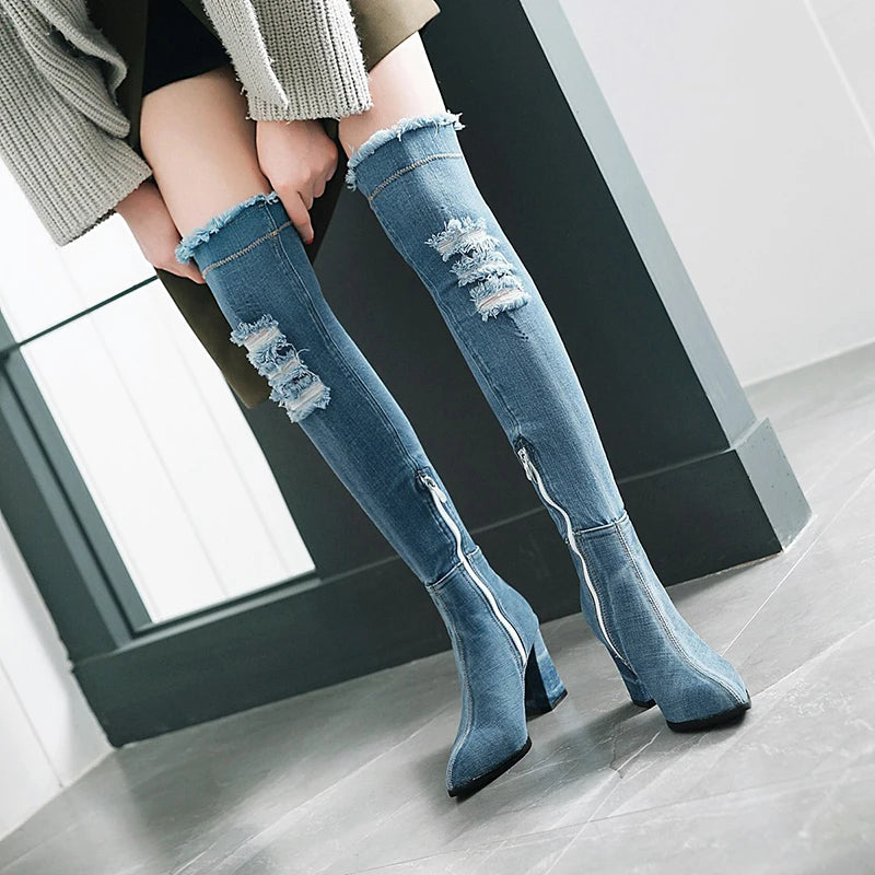 FZ Women's Over The Knee High Pointed Toe Gladiator Heeled Denim Boots