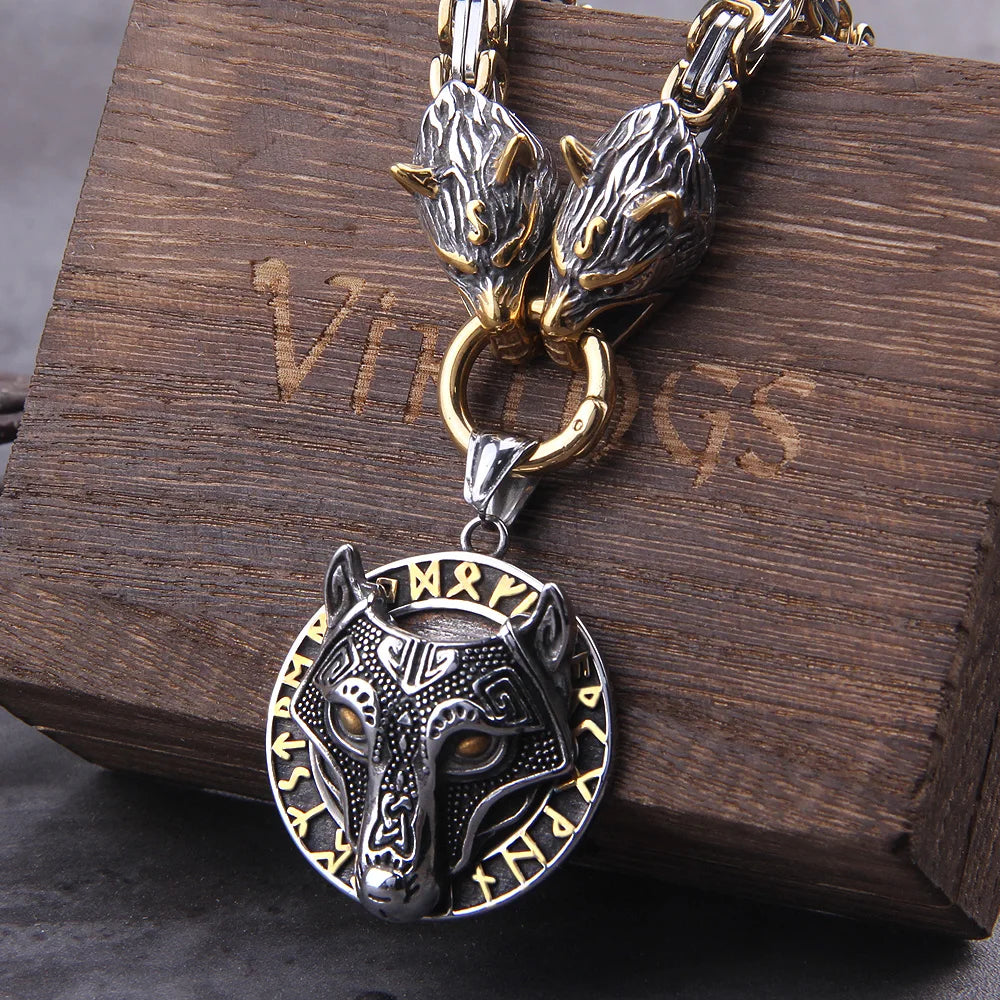 Never Fade Men stainless steel Wolf head norse viking amulet thor hammer pendant necklace viking king chain FZwear