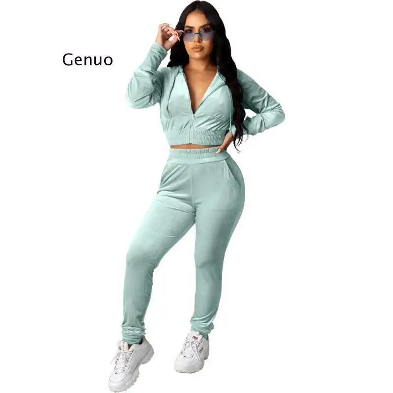 FZ Women's Hooded Suede Velvet Sexy Tracksuit Pants Two-Piece Set - FZwear