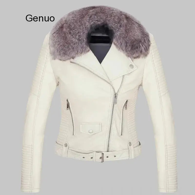 Hot Fashion Women Winter Warm Faux Leather Jackets with Fur Collar Belt Lady Black Pink Motorcycle Biker Outerwear Coats FZwear