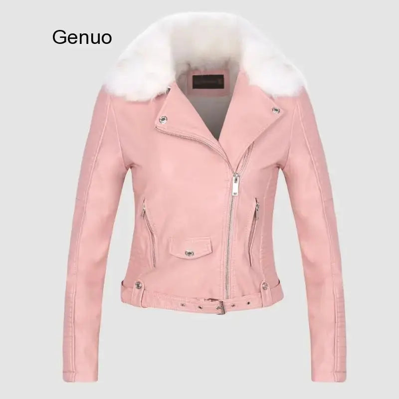 Hot Fashion Women Winter Warm Faux Leather Jackets with Fur Collar Belt Lady Black Pink Motorcycle Biker Outerwear Coats FZwear