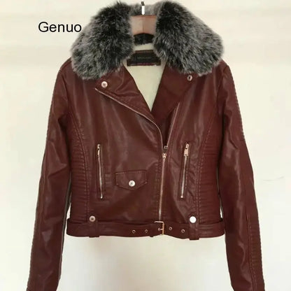 Hot Fashion Women Winter Warm Faux Leather Jackets with Fur Collar Belt Lady Black Pink Motorcycle Biker Outerwear Coats FZwear