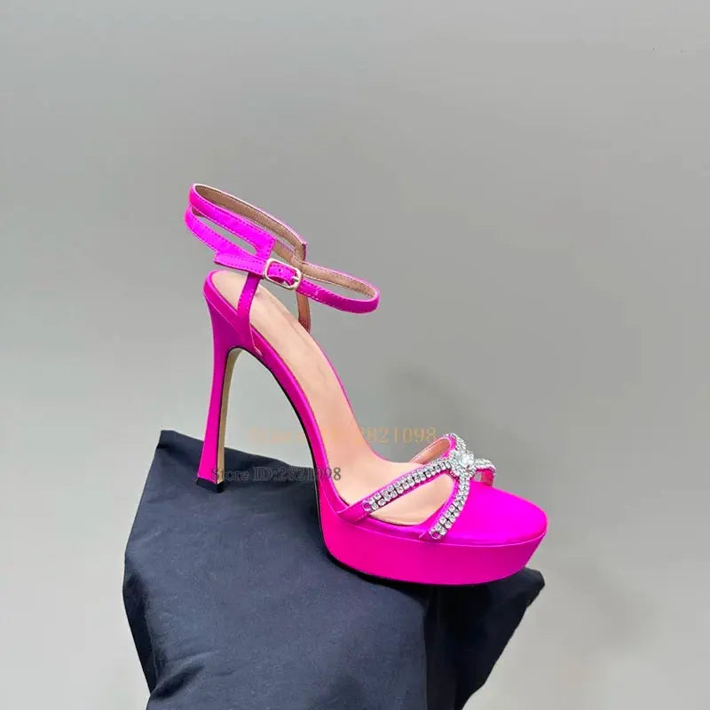 Hot Red Satin Leather Cross Straps Big Rhinestone Thin High Heel Platform Sandals Women Waterproof Summer Fashion Party Shoes FZwear