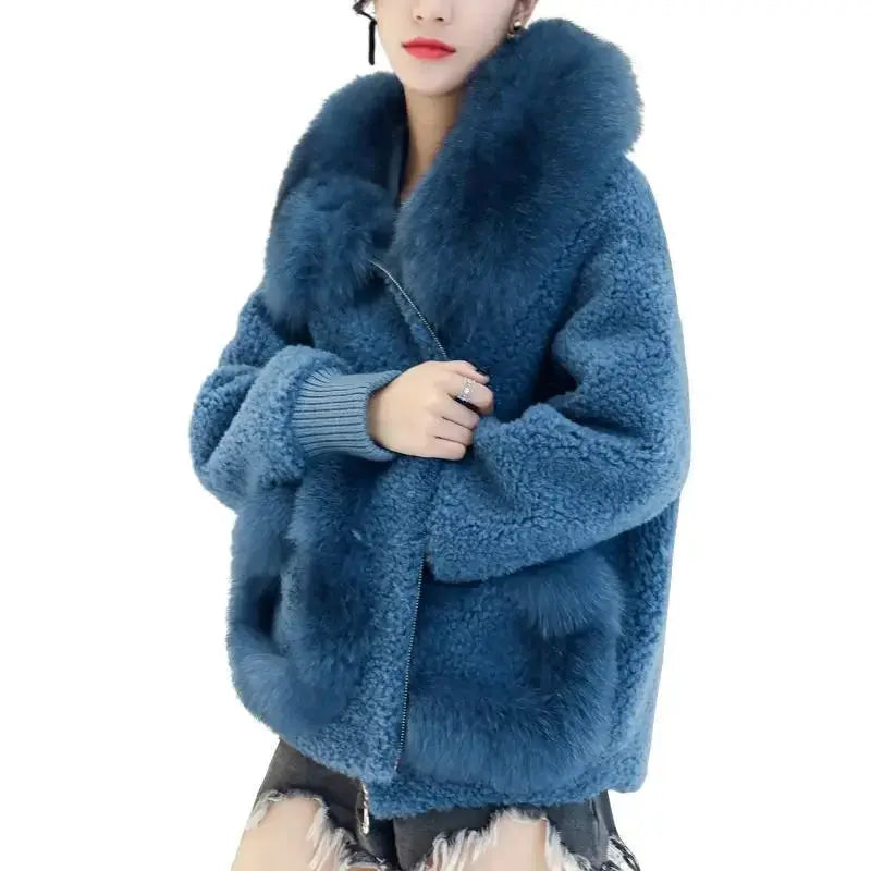 Hot Sales Autumn And Winter New Sheep Shearing Coat For Women Short Alpaca Fur Coat Fox Fur Hooded One Piece Long Sleeve FZwear