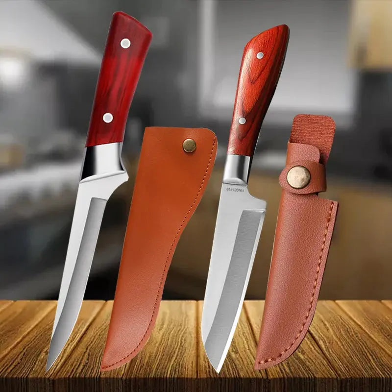 Household Meat Cleaver Kitchen Slicing Knife Red Handle Butcher's Boning Knife Stainless Steel Sharp Fruit Peeling Knife BBQ FZwear