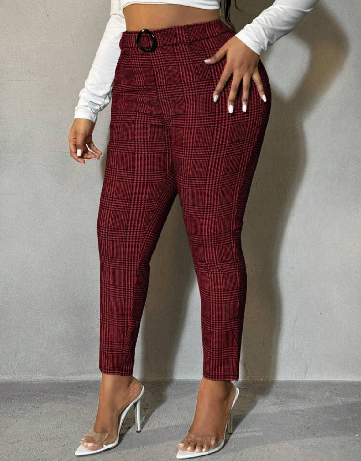 FZ Women's Plus Size Plaid Print Slim Fit Suit Pants