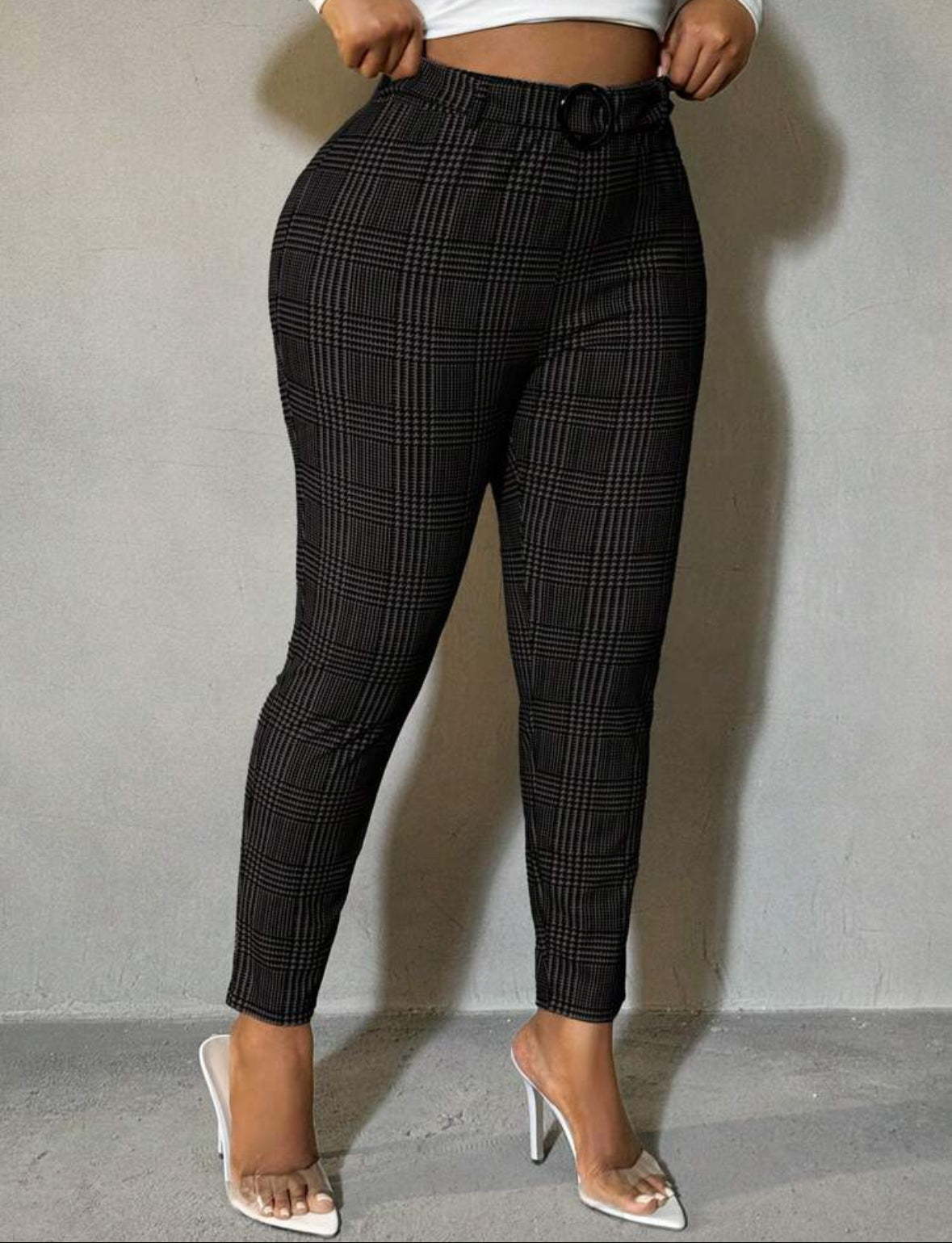 FZ Women's Plus Size Plaid Print Slim Fit Suit Pants