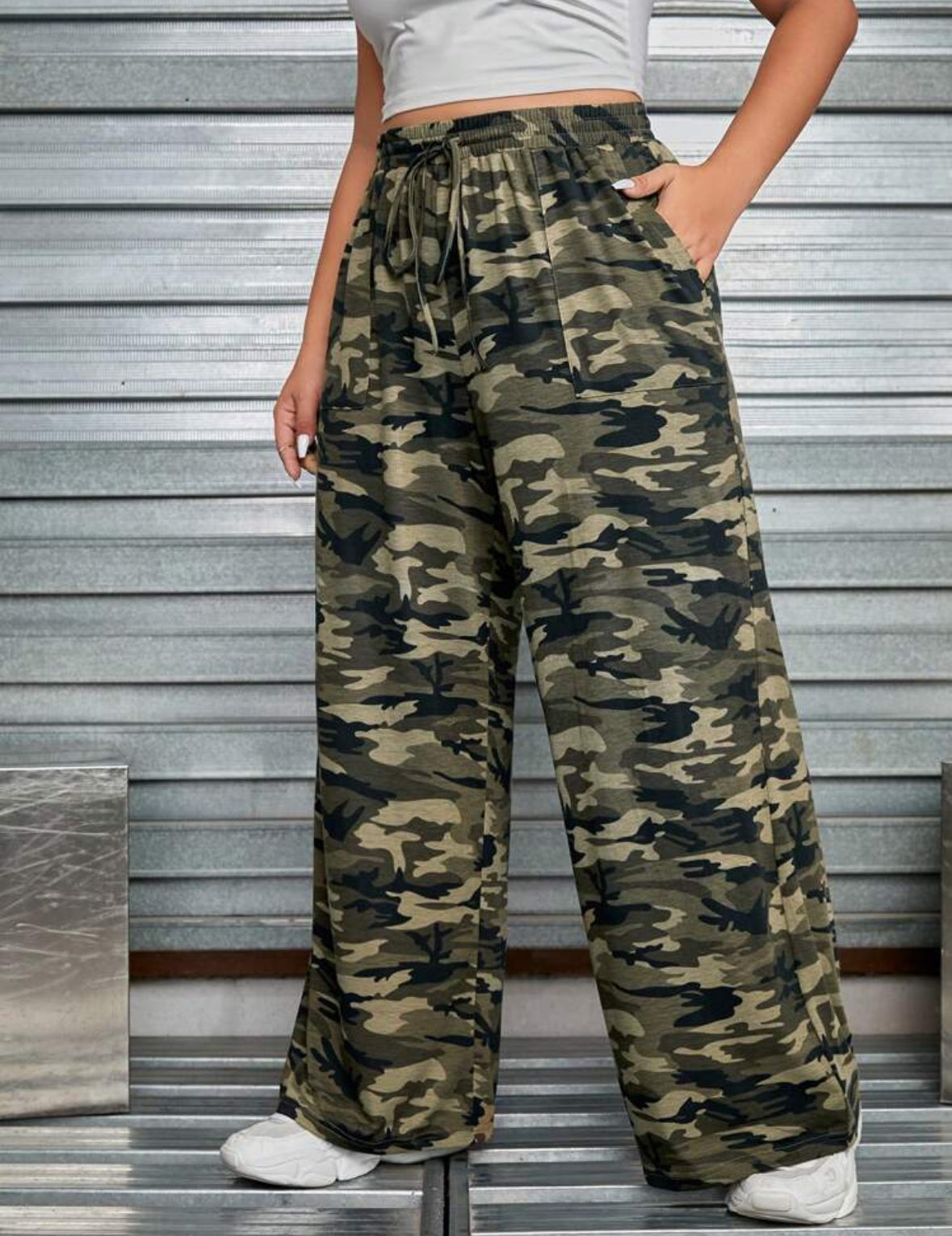 FZ Women's Plus Size Camo Print Drawstring Waist Wide Leg Pants