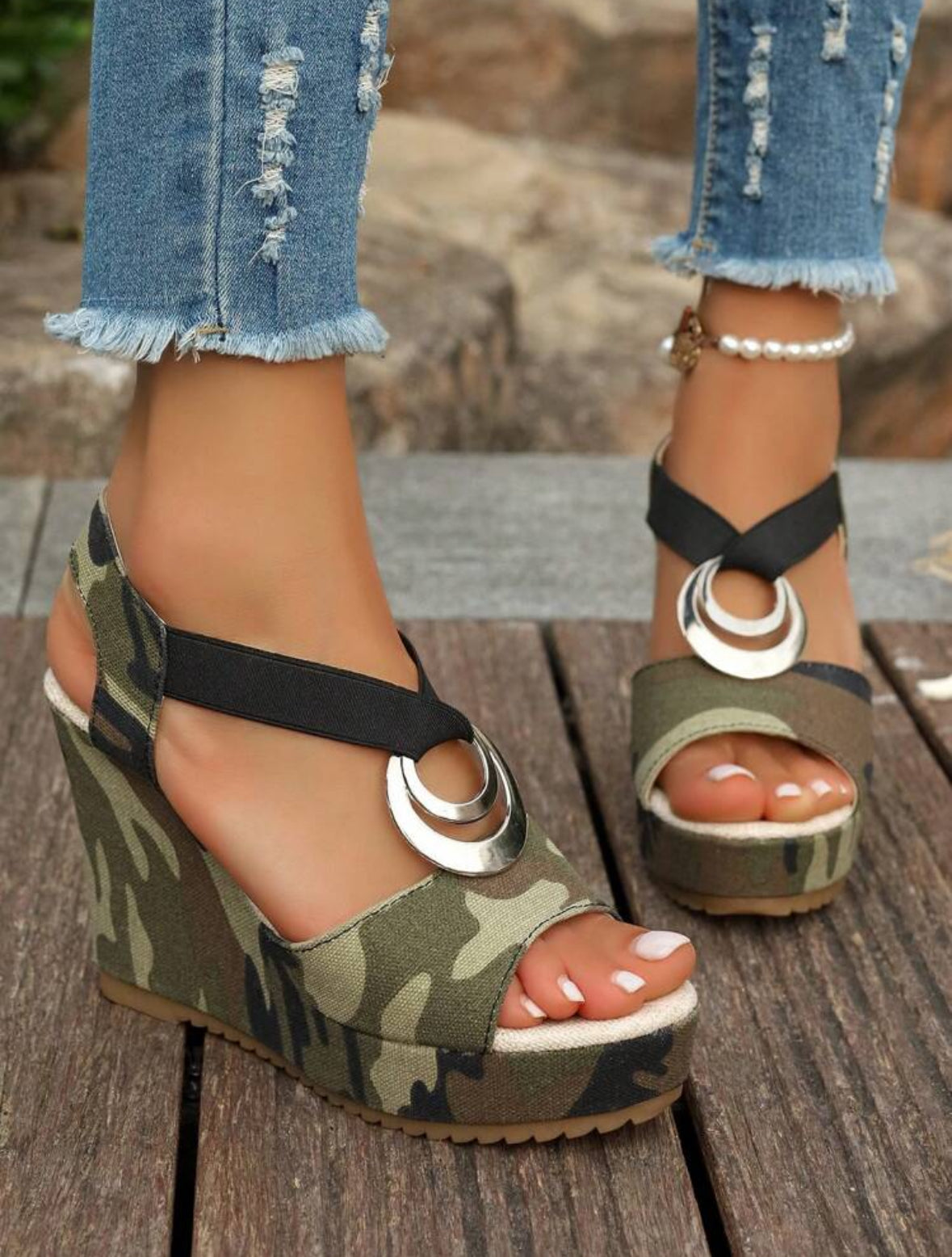 FZ Women's Platform Strap Minimalist Style High Heel Slip-On Wedge Shoes