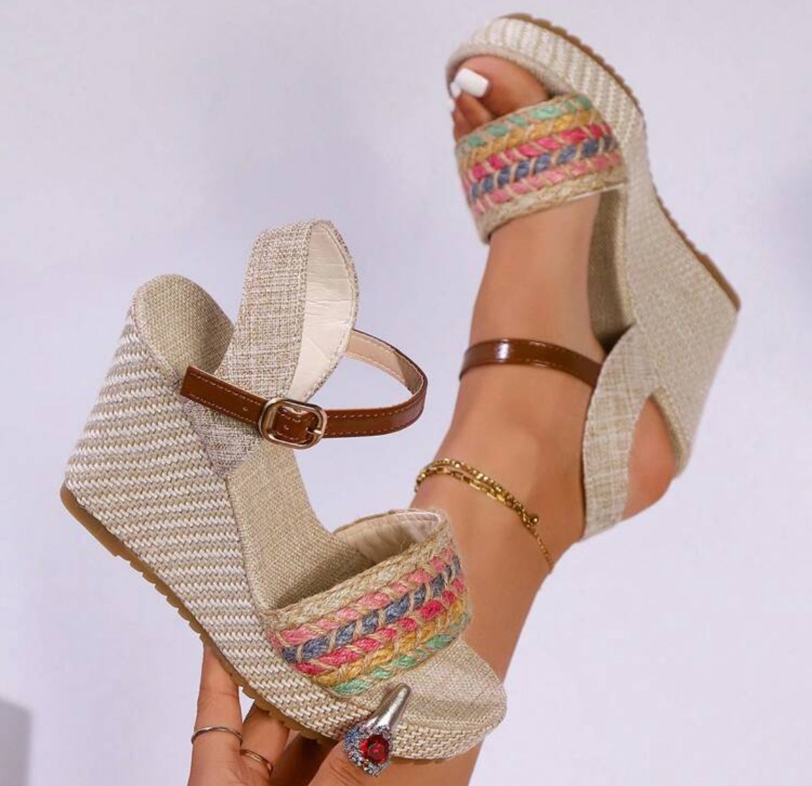 FZ Women's Platform Strap Minimalist Style High Heel Slip-On Wedge Shoes