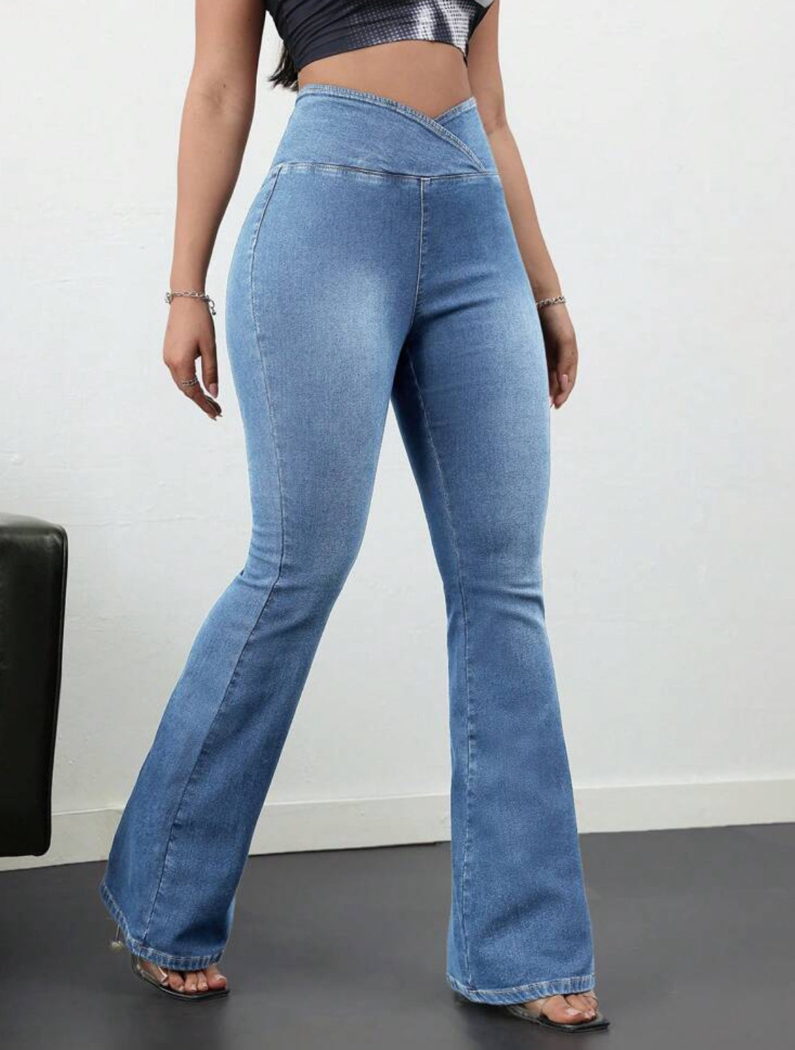 FZ Women's Casual Skinny Elastic Flared Cross High Waist Denim Pants