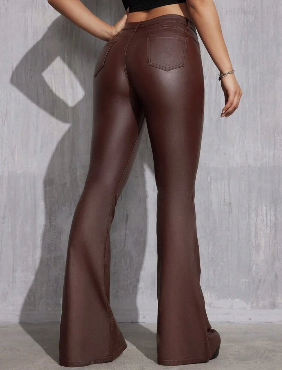 FZ Women's Fashionable Casual Solid Color Slim Fit PU Flared Pants