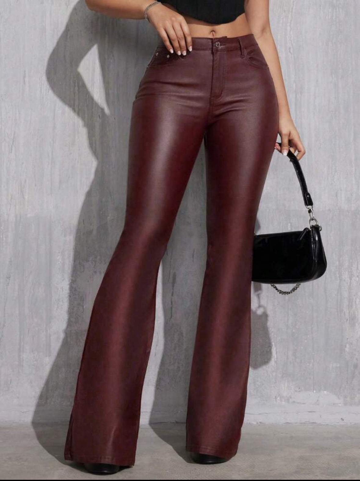 FZ Women's Fashionable Casual Solid Color Slim Fit PU Flared Pants