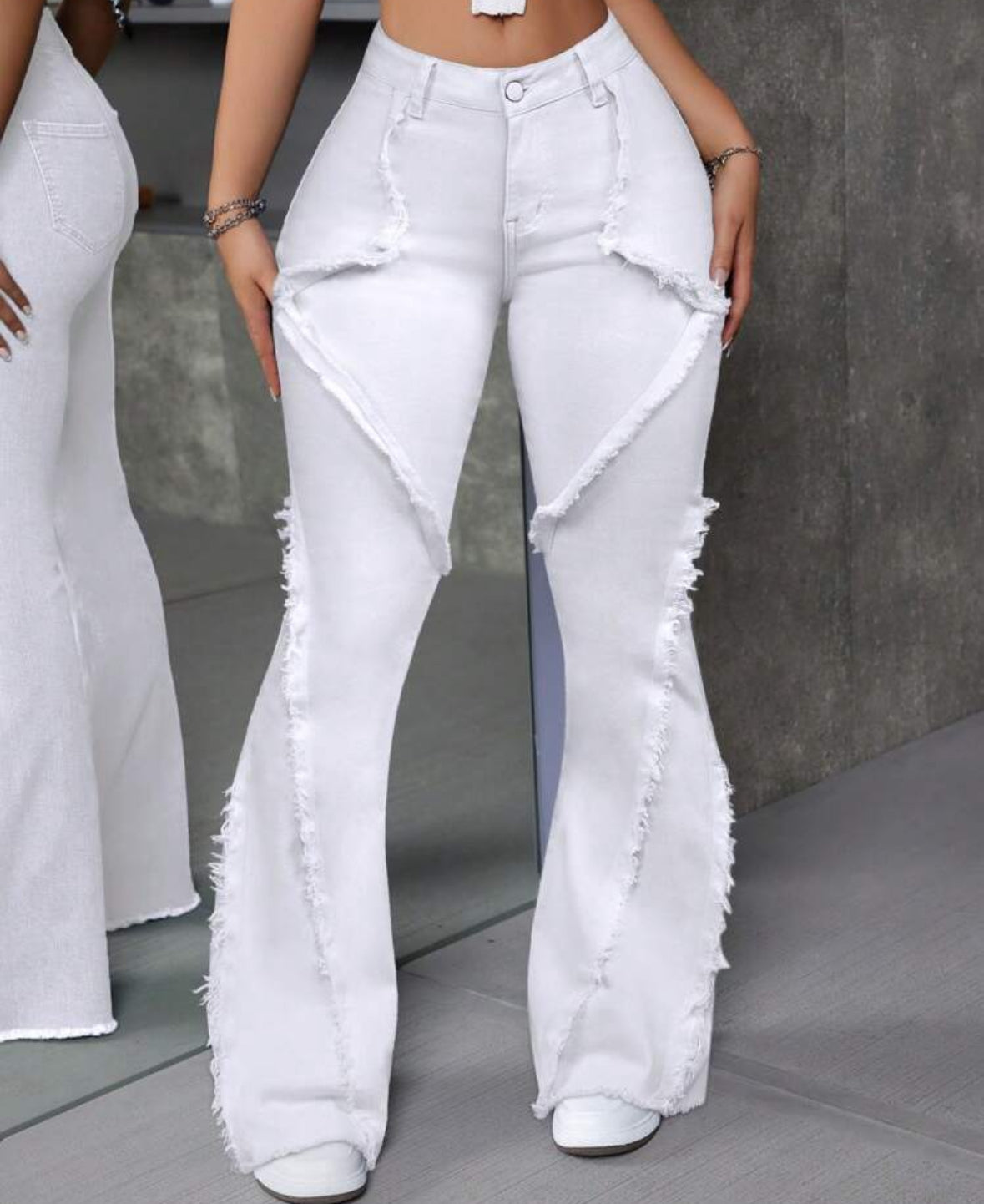 FZ Women's Patchwork Frayed Hem Flare Denim Pants