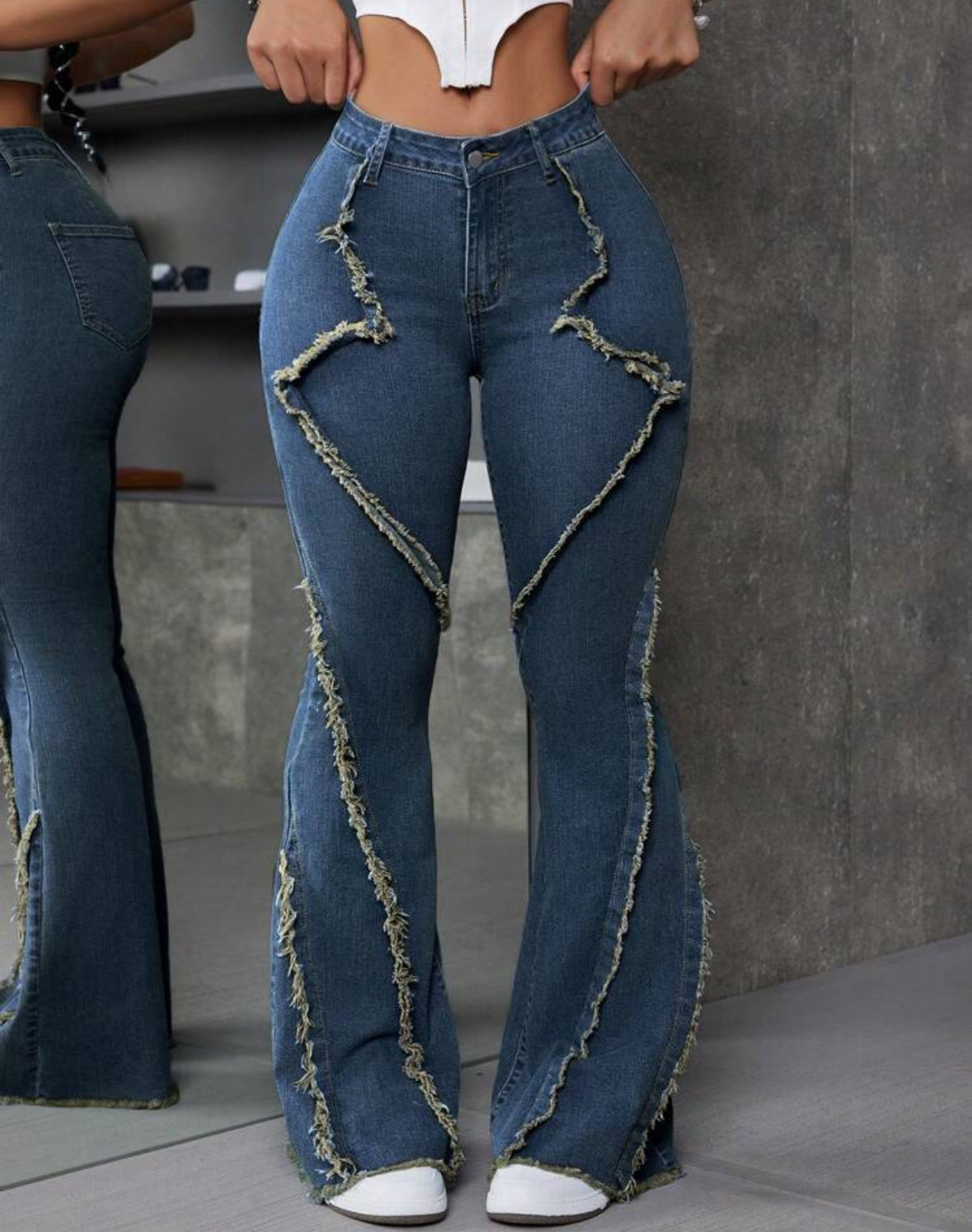 FZ Women's Patchwork Frayed Hem Flare Denim Pants