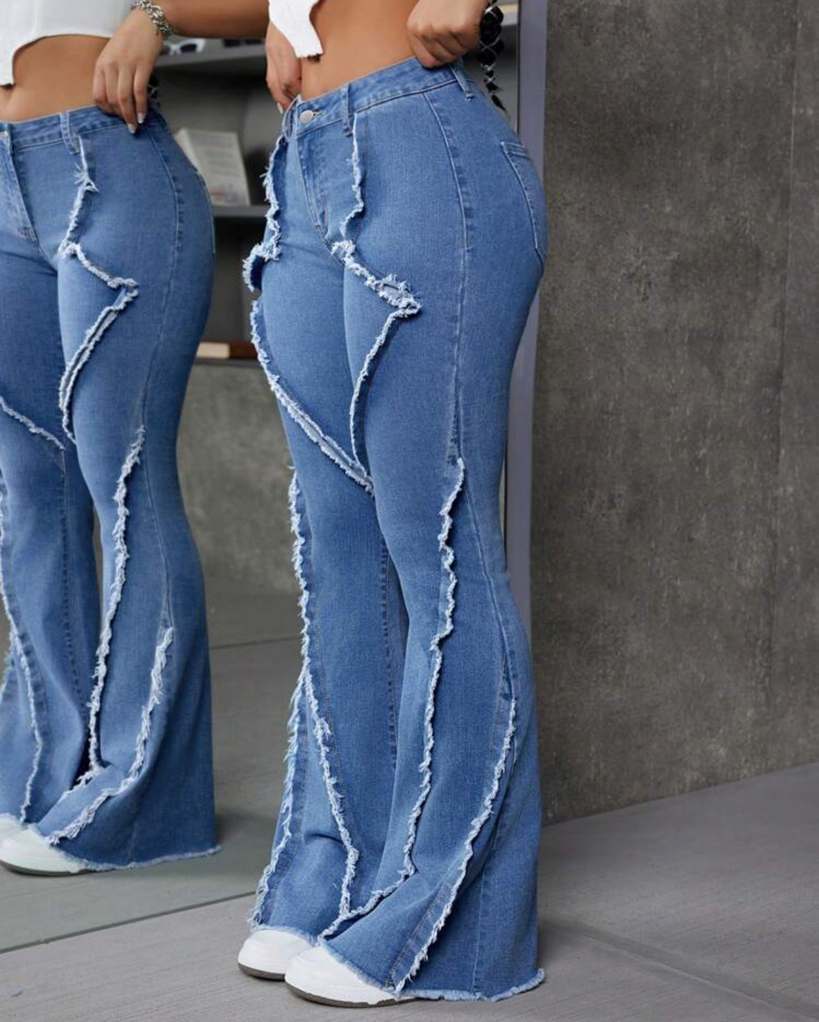 FZ Women's Patchwork Frayed Hem Flare Denim Pants