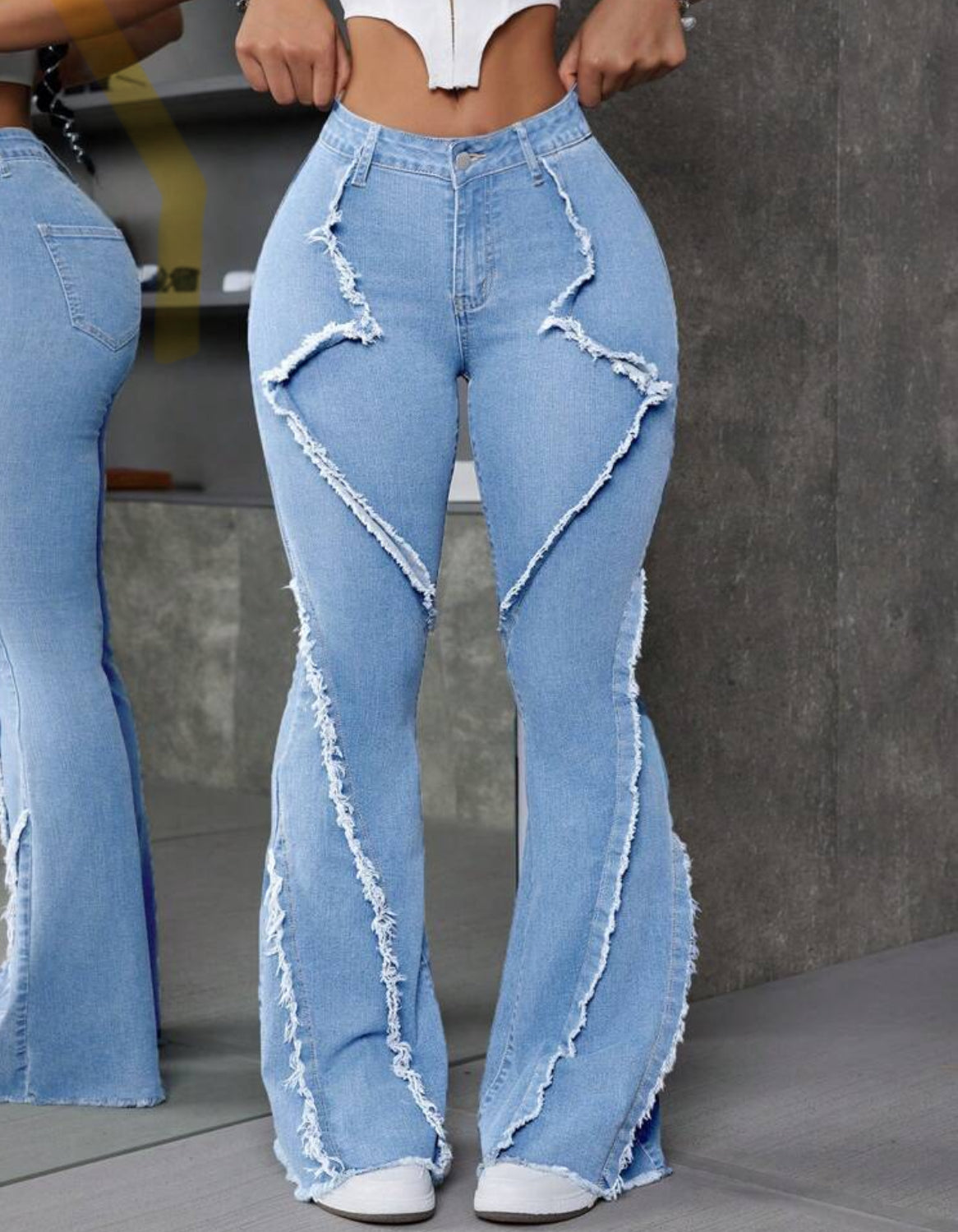 FZ Women's Patchwork Frayed Hem Flare Denim Pants