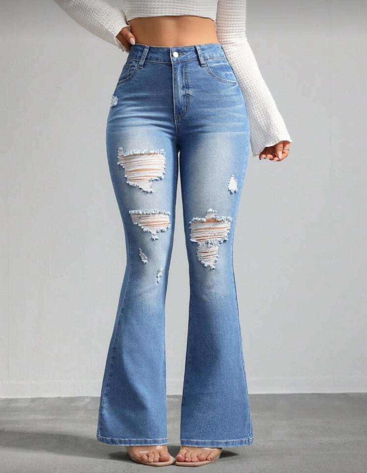 FZ Women's Skinny Elastic Ripped Flared High Waist Skinny Denim Pants