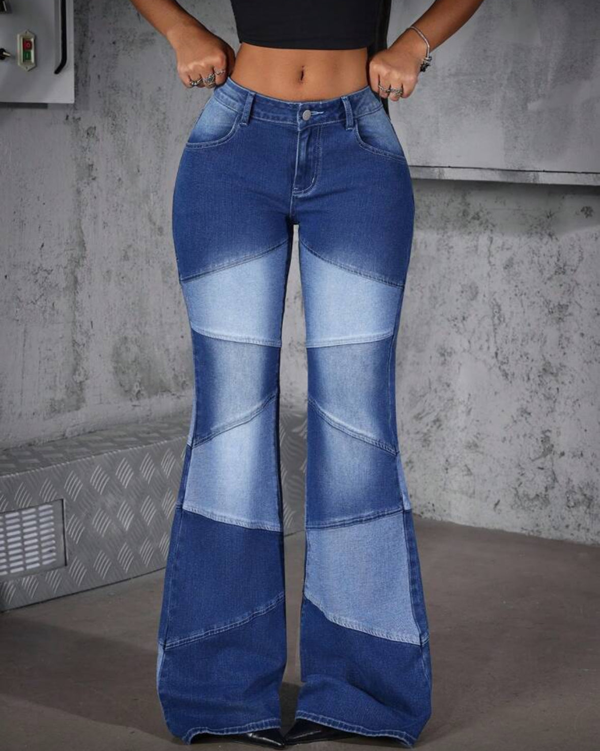 FZ Women's Color Block Low-Rise Fitted Flared Leg Denim Pants