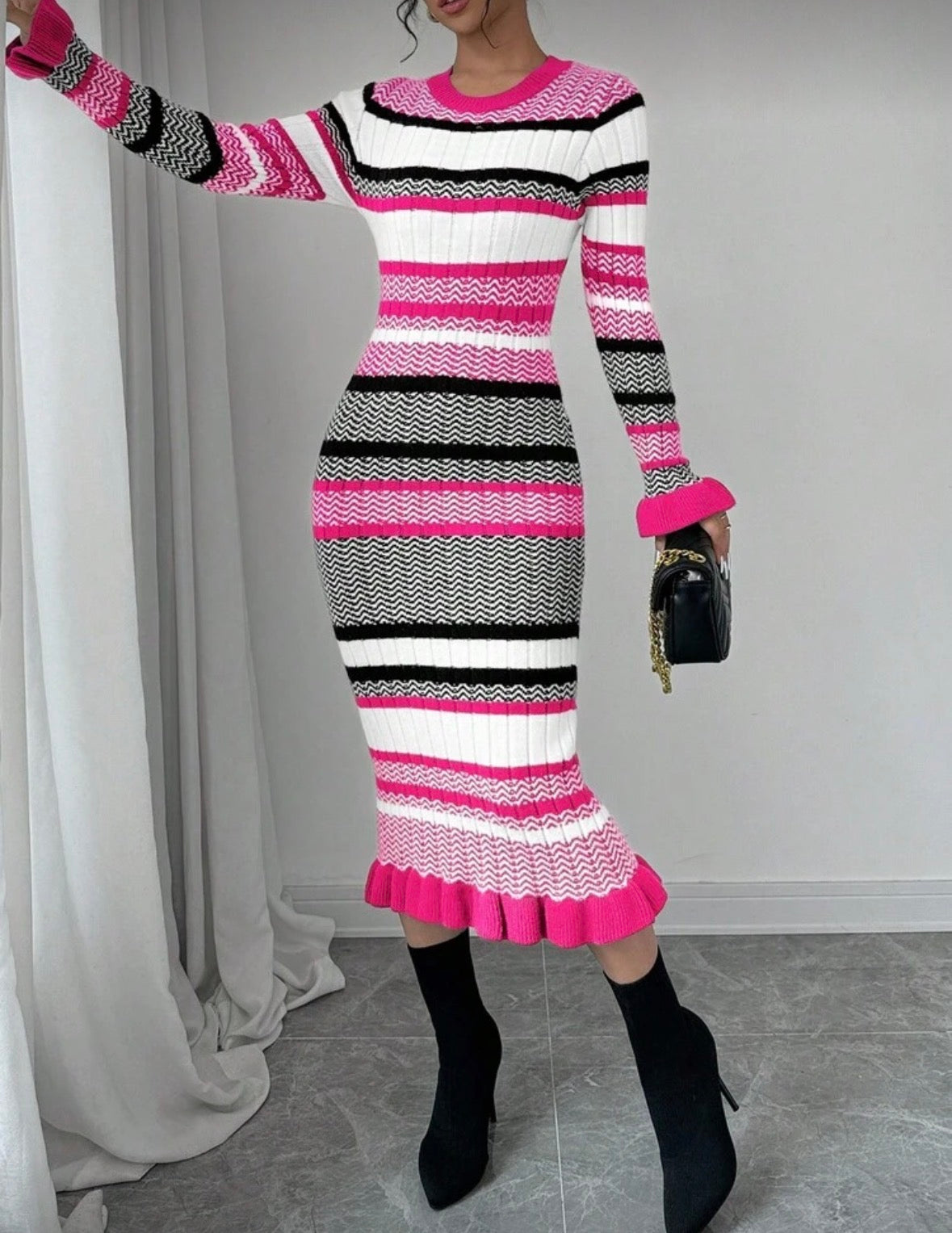 FZ Women's Striped Pattern Round Neck Fitted Long Sleeve Sweater Dress