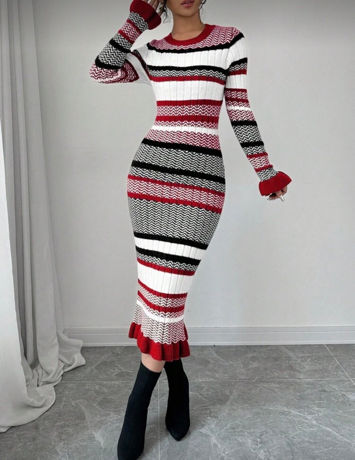 FZ Women's Striped Pattern Round Neck Fitted Long Sleeve Sweater Dress