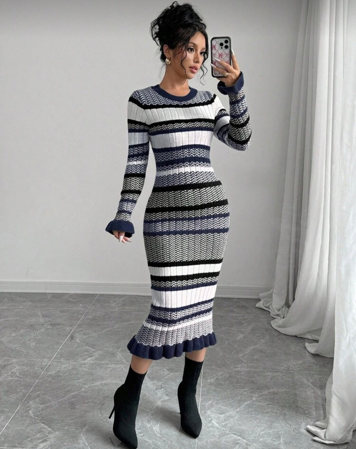 FZ Women's Striped Pattern Round Neck Fitted Long Sleeve Sweater Dress