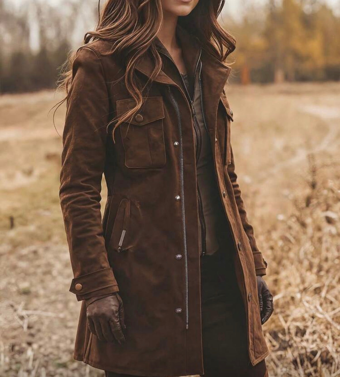 FZ Women's Retro-Style Elegant Suede With A Lapel Collar Mid-Length Jacket