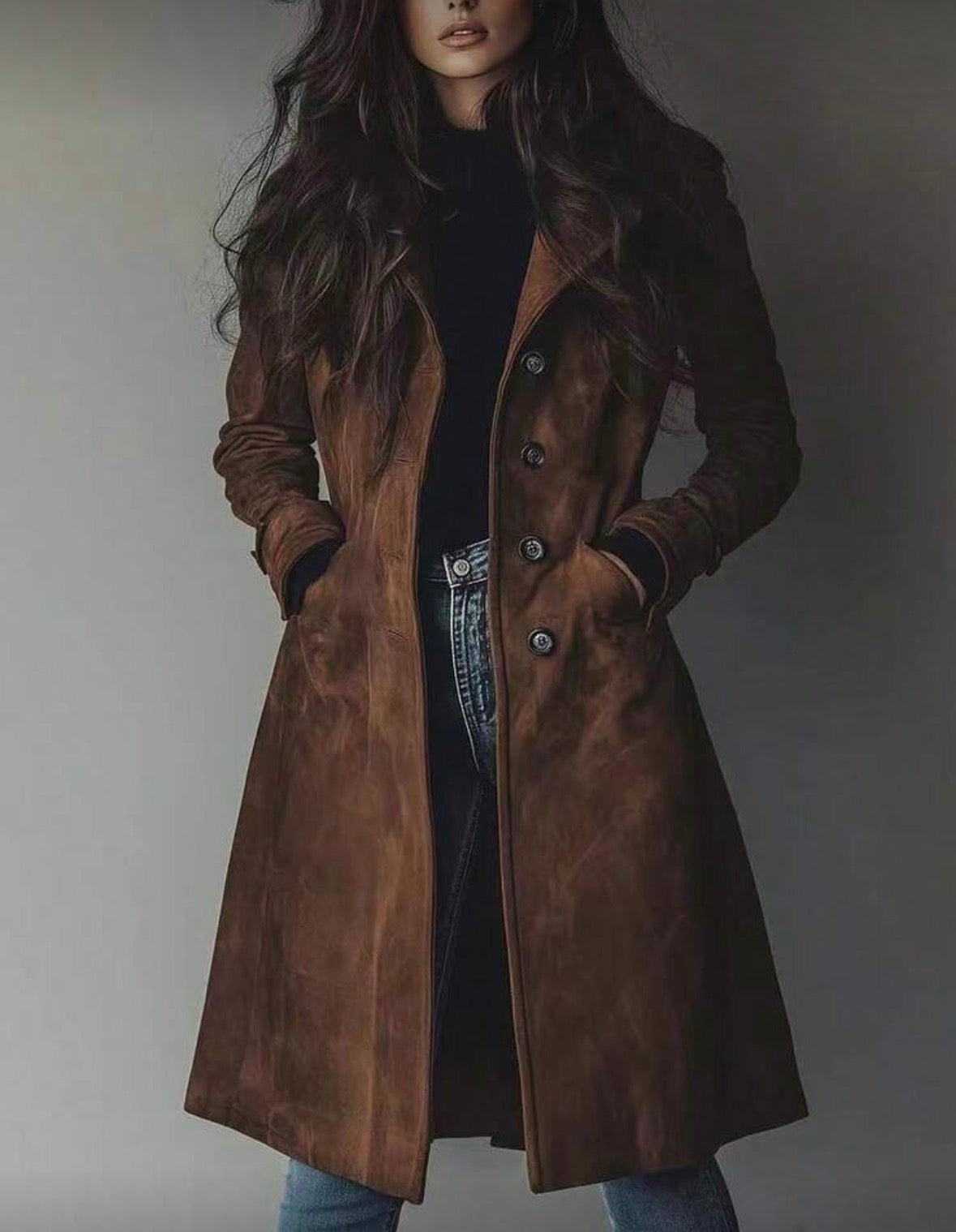 FZ Women's Lapel Imitation Suede Velvet Long Trench Coat Jacket