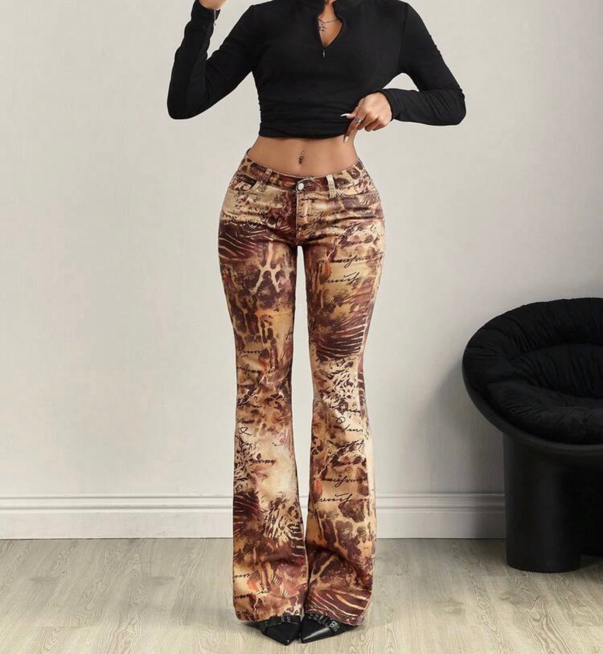 FZ Women's Printed Sexy Stretch Fitted Washed Flare Denim Pants