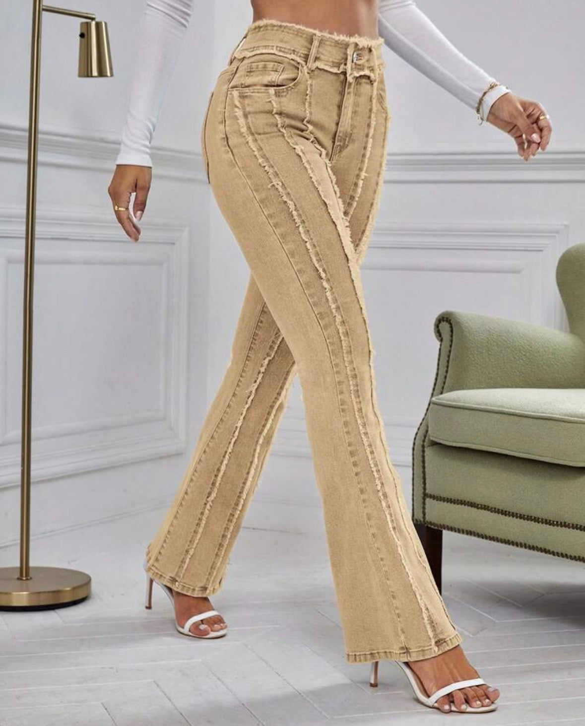 FZ Women's Pocket Button Frayed Hem Casual Versatile Daily Wear Flare Denim Pants