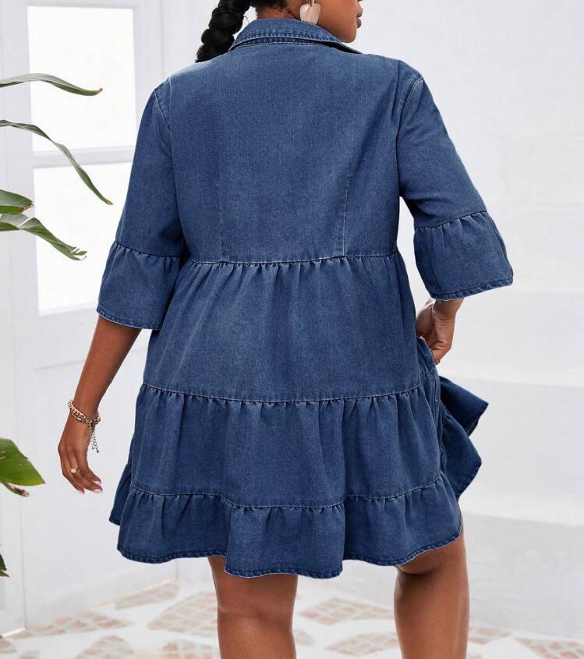 FZ Women's Plus Size Single-Breasted Flounce Sleeve & Hem Denim Dress
