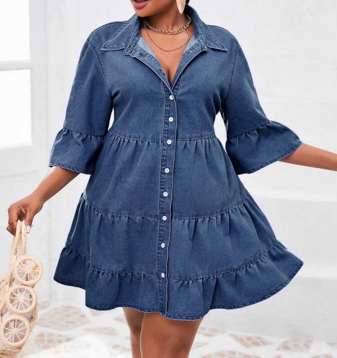FZ Women's Plus Size Single-Breasted Flounce Sleeve & Hem Denim Dress