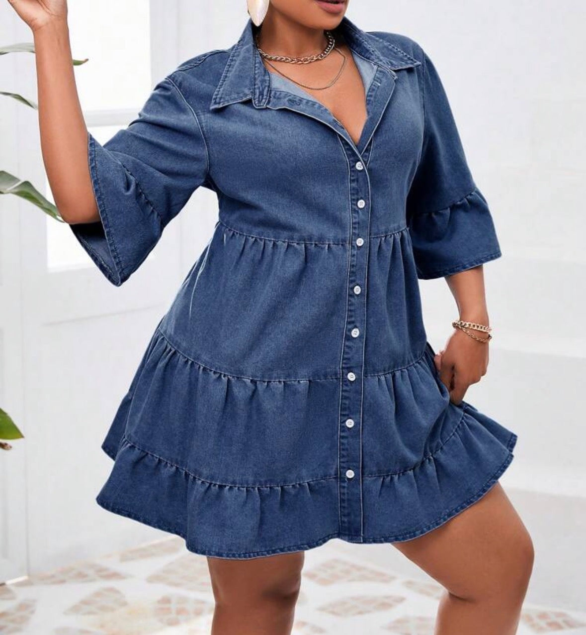 FZ Women's Plus Size Single-Breasted Flounce Sleeve & Hem Denim Dress