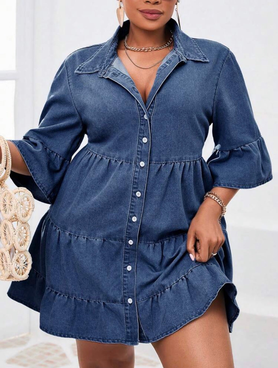 FZ Women's Plus Size Single-Breasted Flounce Sleeve & Hem Loose Denim Dress