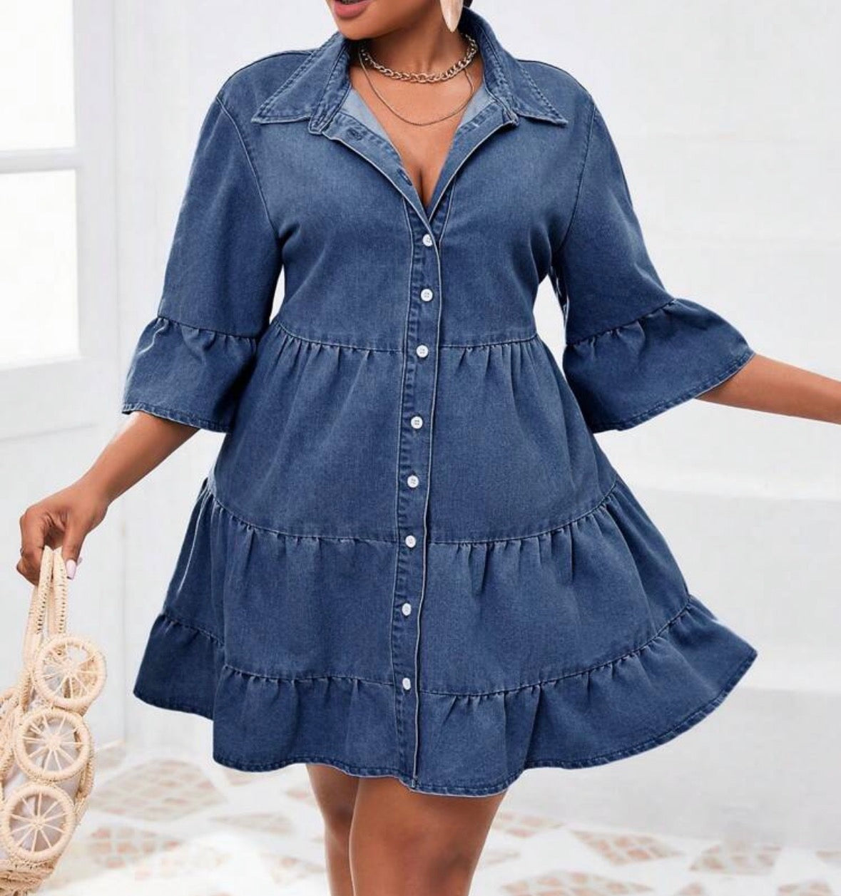 FZ Women's Plus Size Single-Breasted Flounce Sleeve & Hem Loose Denim Dress