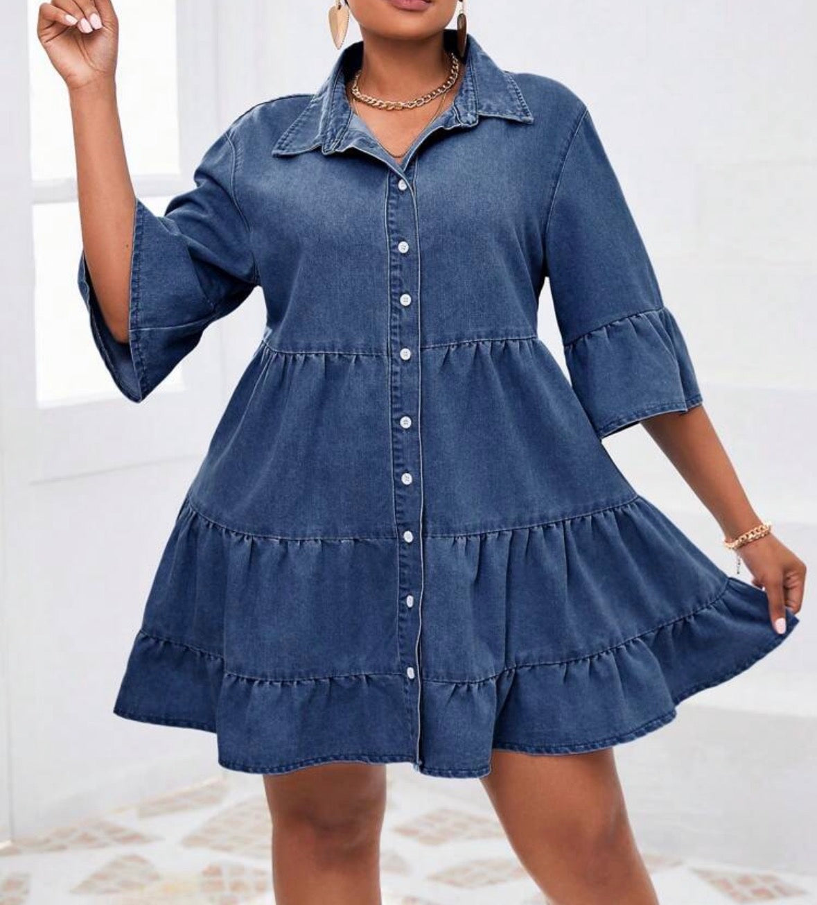 FZ Women's Plus Size Single-Breasted Flounce Sleeve & Hem Loose Denim Dress
