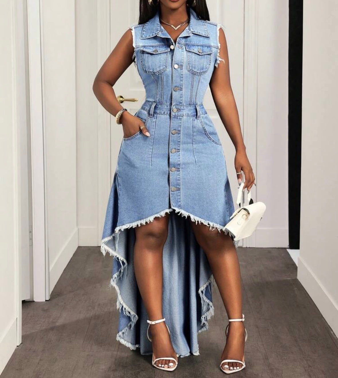 FZ Women's Plus Size Sleeveless Single-Breasted Frayed Hem Midi Denim Dress