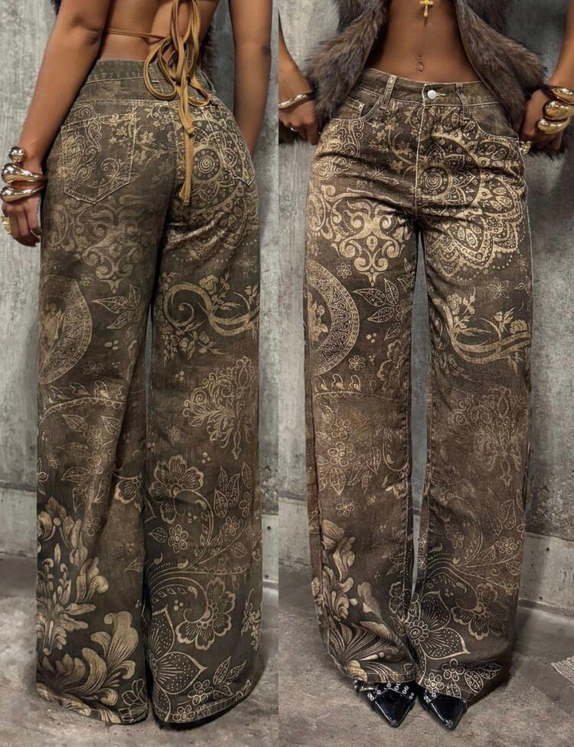 FZ Women's Mid-Rise Printed Washed Straight Leg Denim Pants