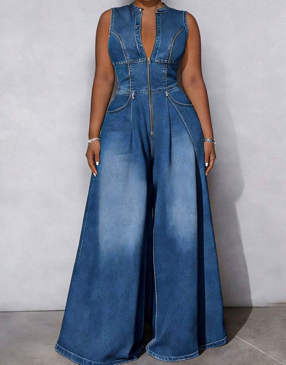 FZ Women's Sleeveless Floor-Length Pleated Waist Wide-Leg  Denim Jumpsuit